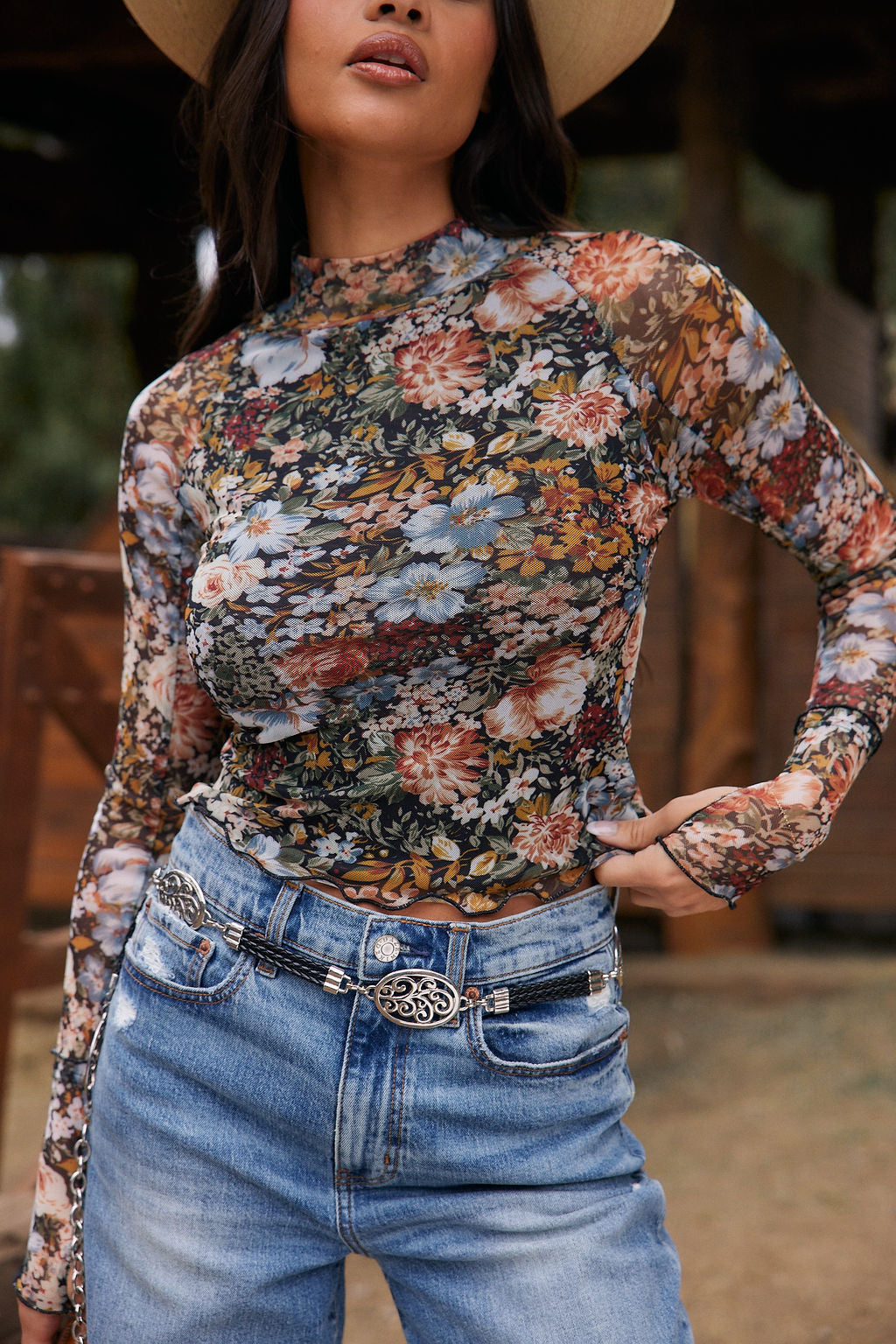 Astrid Floral Mesh Long Sleeve Top – 12th Tribe