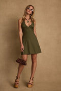 Olive linen mini dress with refined accents, a sequin mini dress essential.