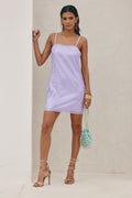Lavender sequin mini dress with refined detailing and a flattering silhouette.