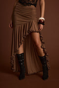 Brown mesh ruffled maxi skirt with refined accents, a lace maxi skirt essential.