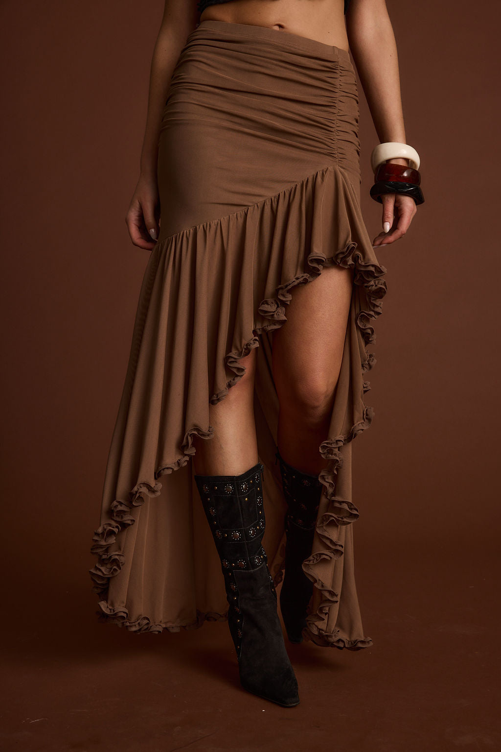 Evanna Brown High Low Ruffle Mesh Maxi Skirt paired with complementary accessories for a polished look.