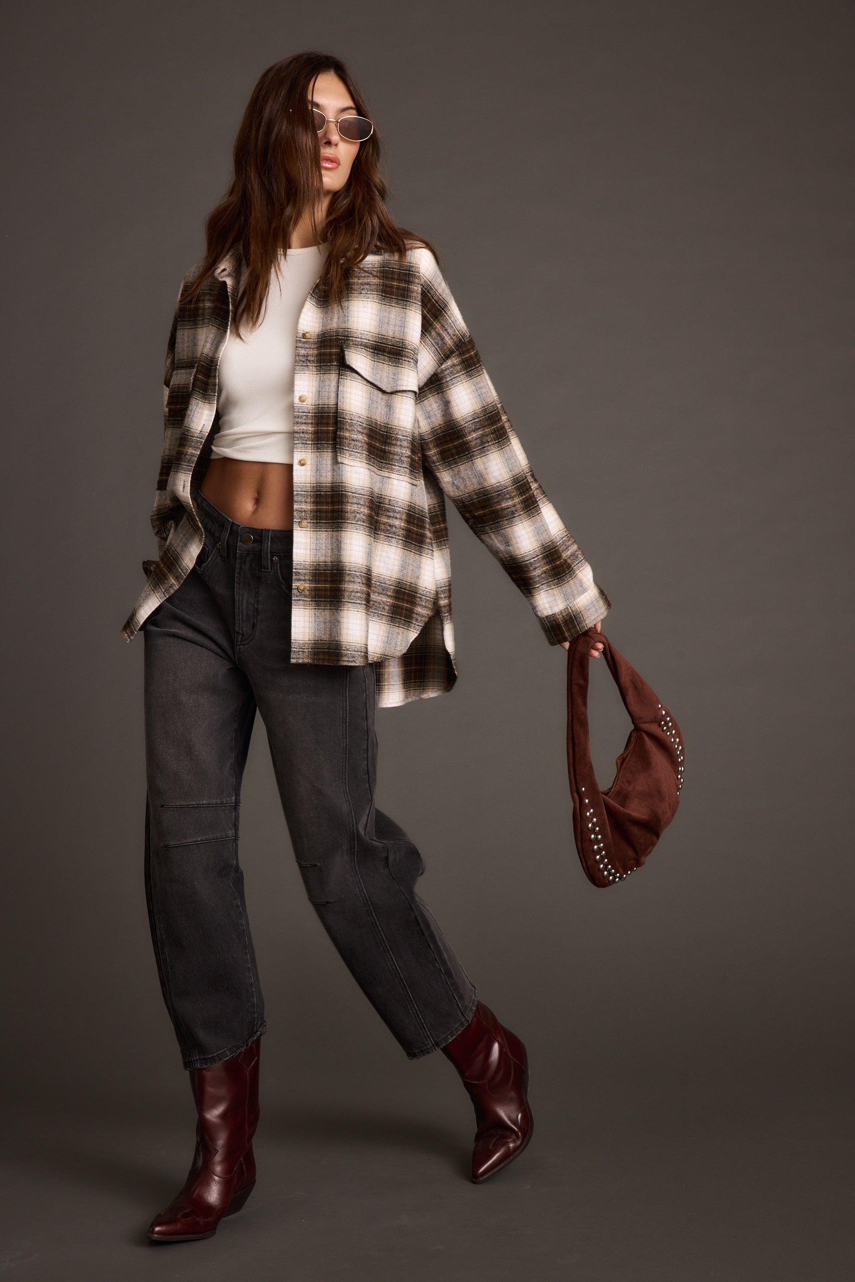Emery Mocha Studded Faux Suede Bag paired with complementary accessories for a polished look.