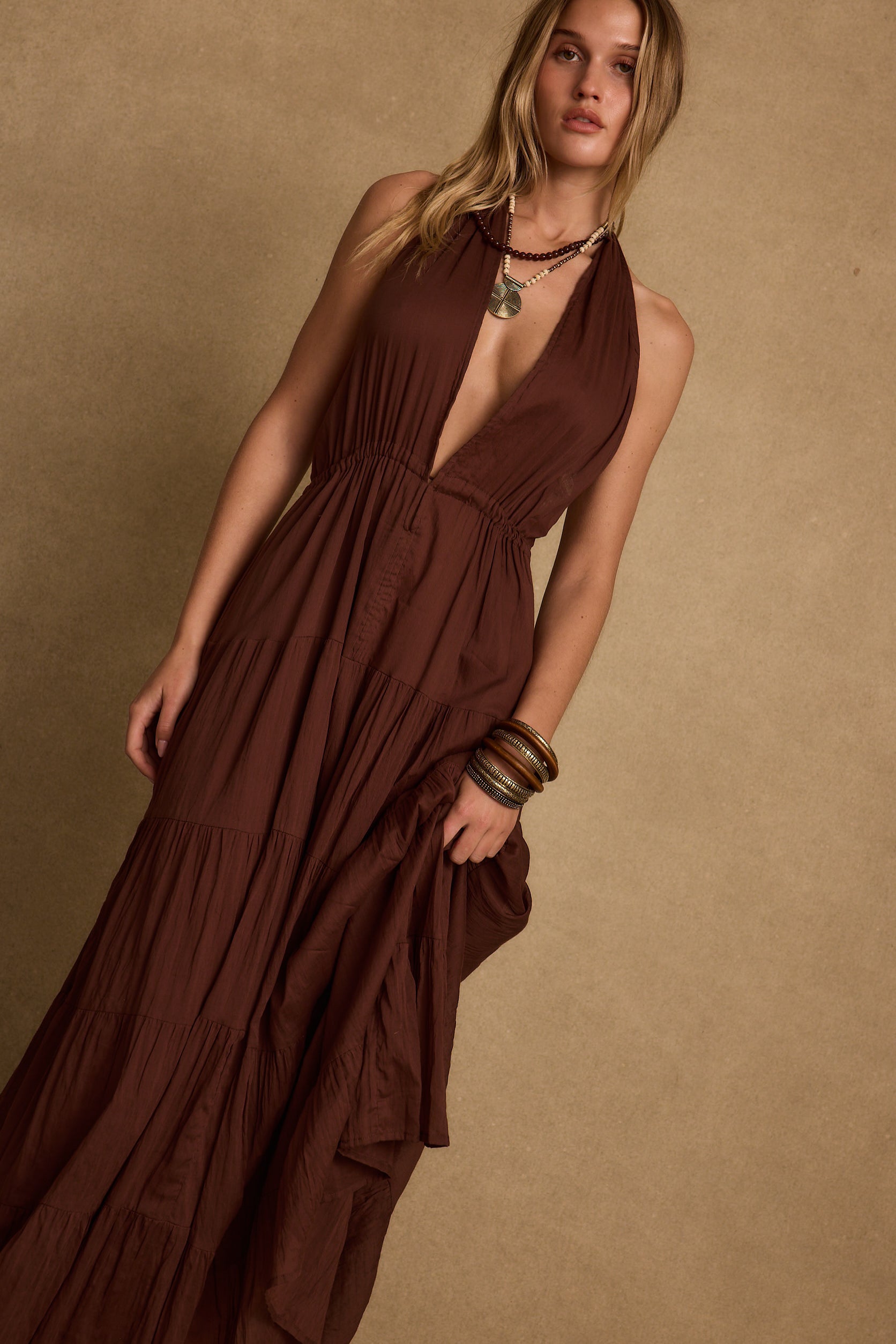 Esperanza Espresso Halter Linen Maxi Dress