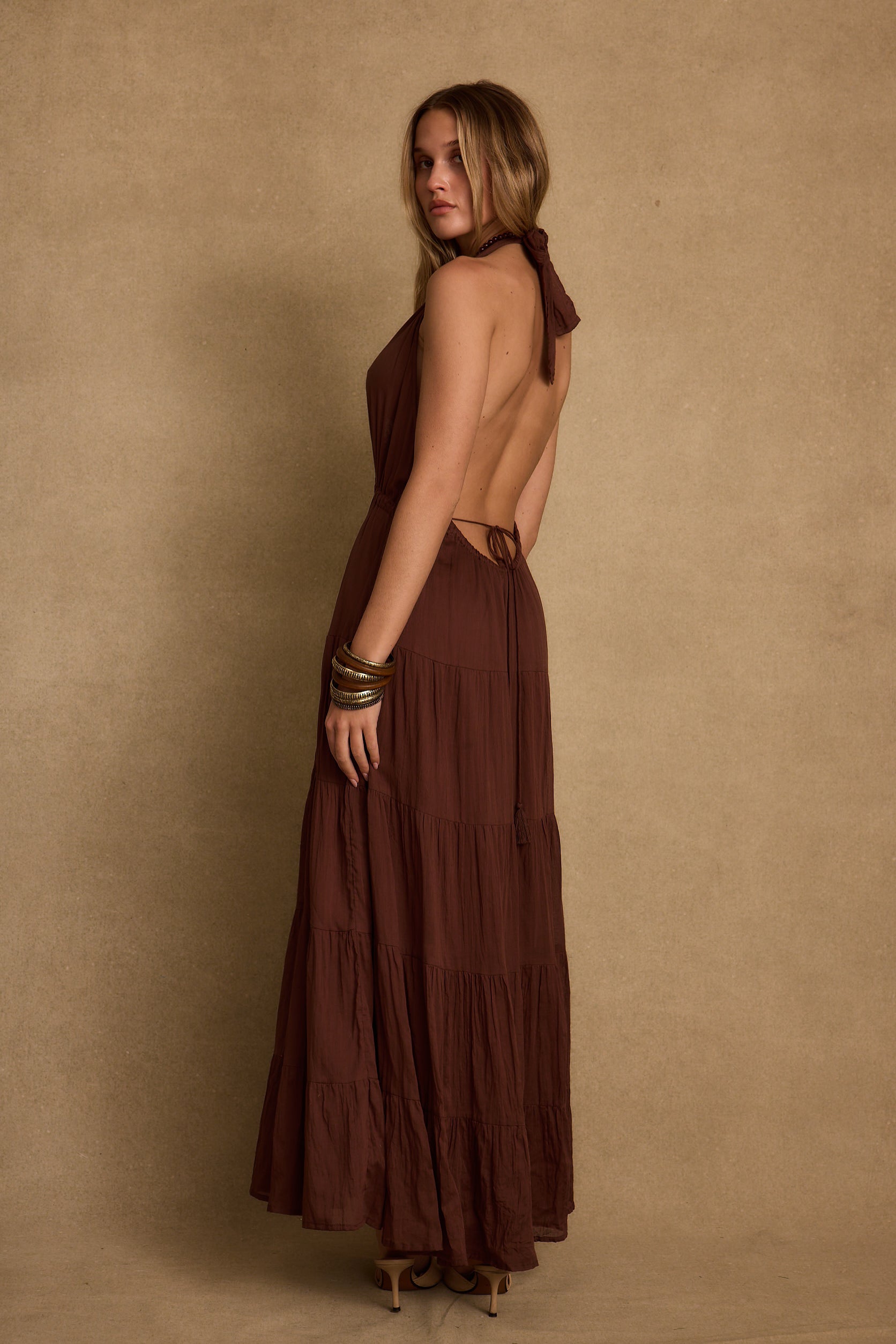Esperanza Espresso Halter Linen Maxi Dress