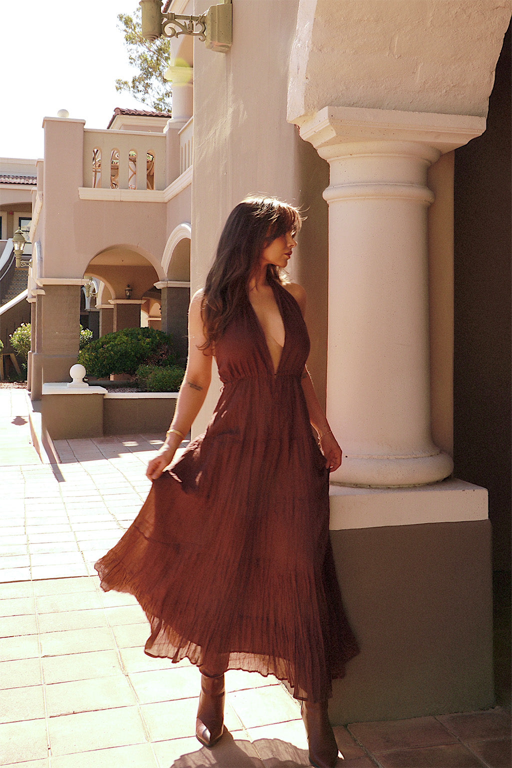 Esperanza Espresso Halter Linen Maxi Dress