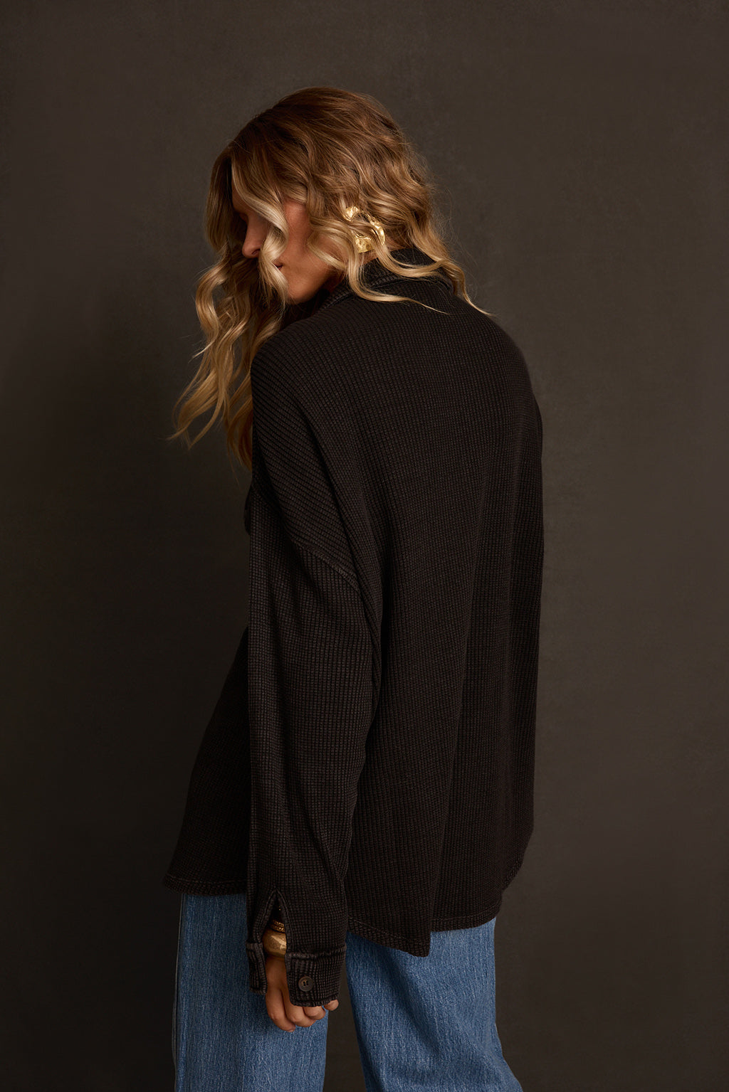Fall shacket side angle showing boxy drop-shoulder silhouette and waffle knit texture