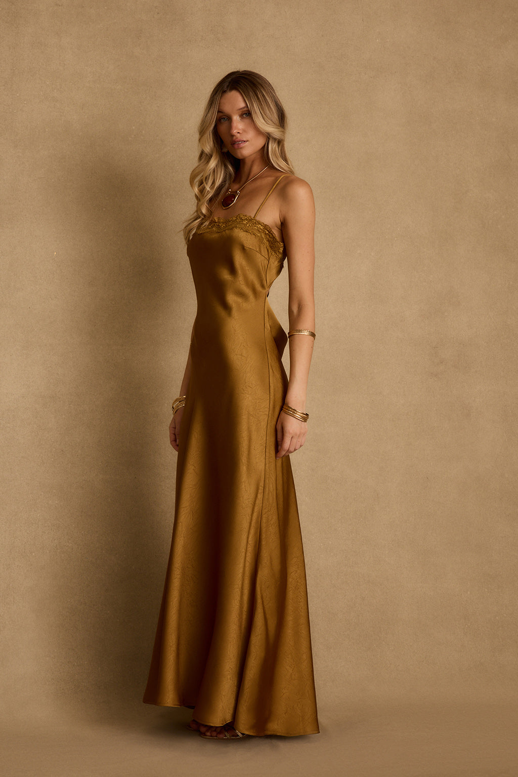 gold dress silk Fia Satin Maxi – 12th Tribe Swarovski crystals