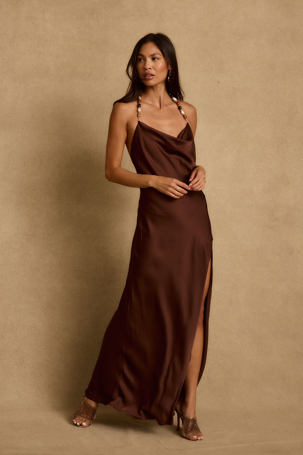 Fina Mocha Satin Maxi Dress - M Size - Women's Dresses