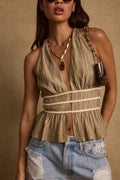 Franca Olive Striped Halter Top