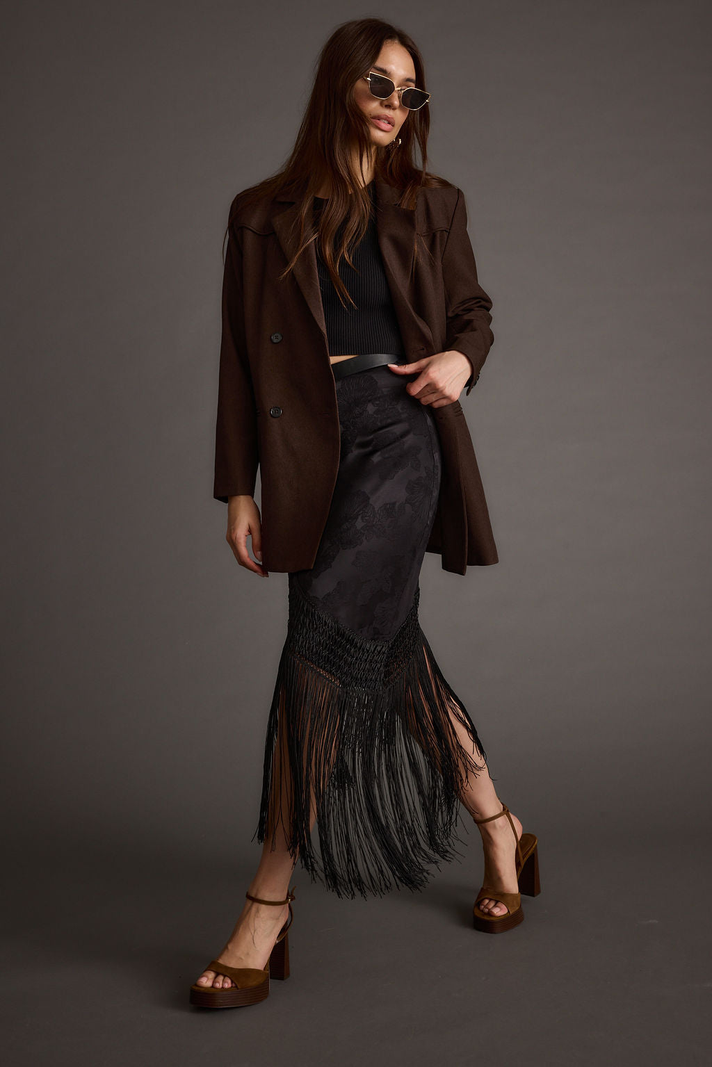 Frankie Black Satin Jacquard Fringe Midi Skirt