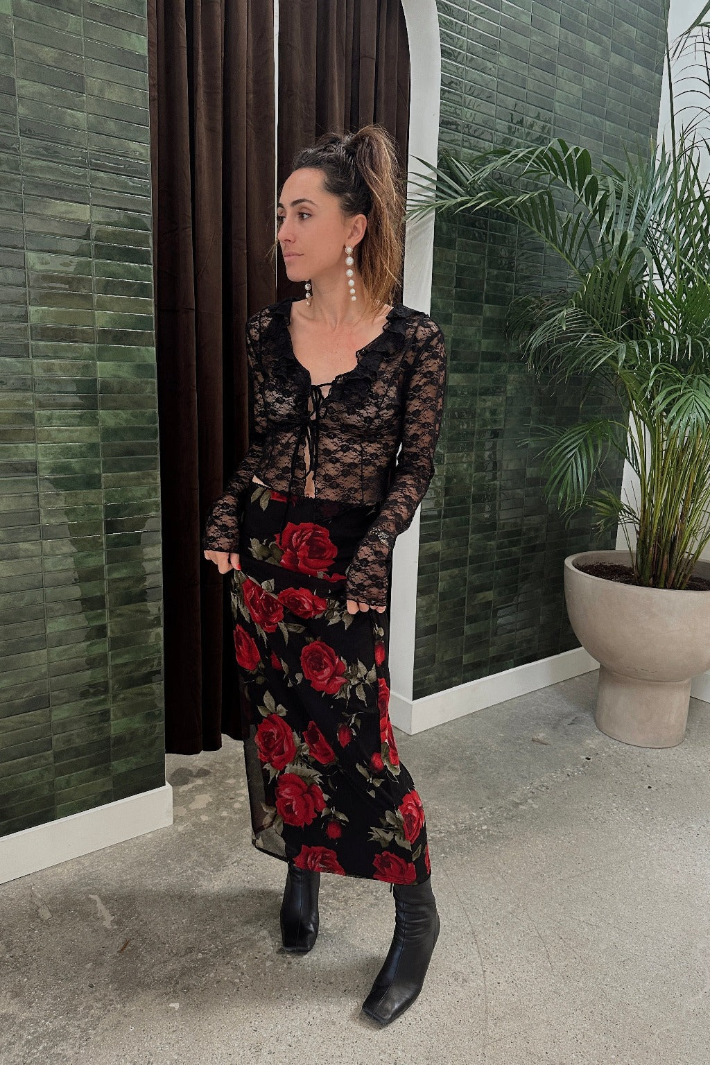 Julia Red Rose Mesh Maxi Skirt paired with complementary accessories for a polished look.