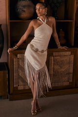Fontaine Ivory Jacquard Fringe Midi Dress