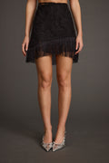 Black fringe mini skirt with refined accents, a black lace skirt essential.