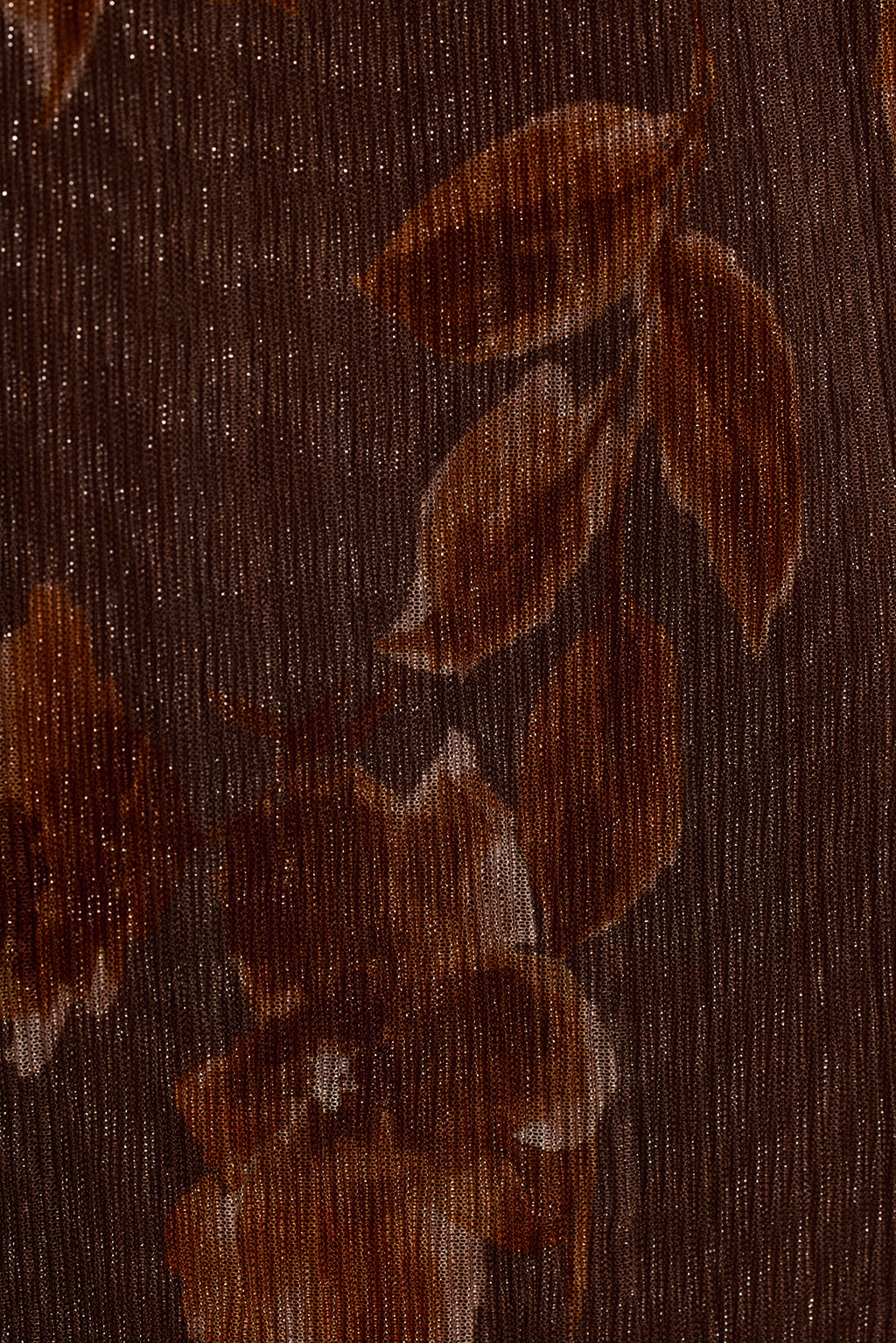 Mocha floral plisse fabric detail showing pleated shimmer texture and painted rose print