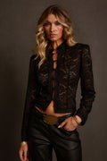 Lace blouse front view showing floral lace pattern, button placket, and sheer construction