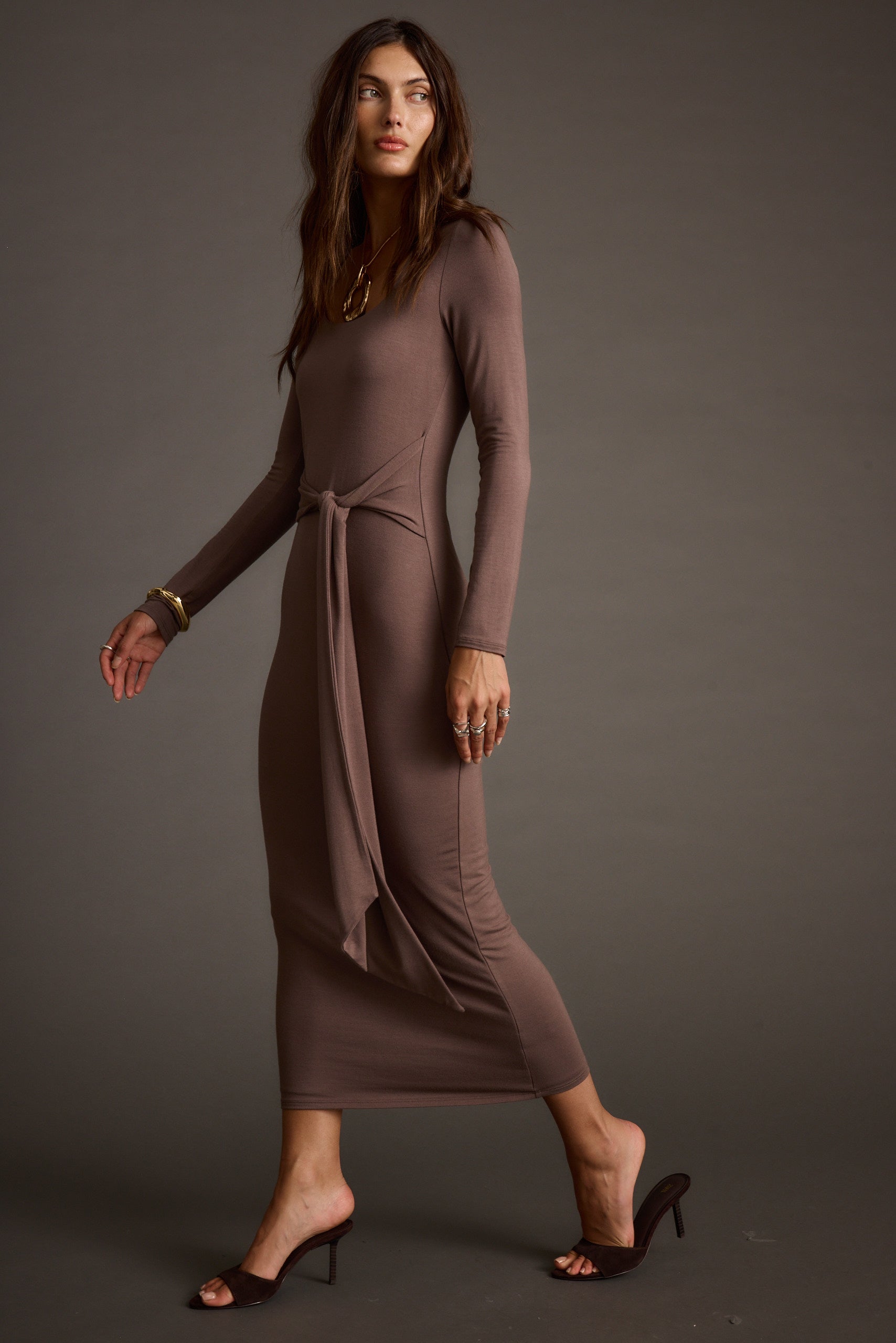 taupe midi dress Satin Floral This Sandy Secrets Eyelet Taupe Maxi Dress blends soft texture with delicate detailing for a feminine finish Giavana Dark Taupe Maxi Dress