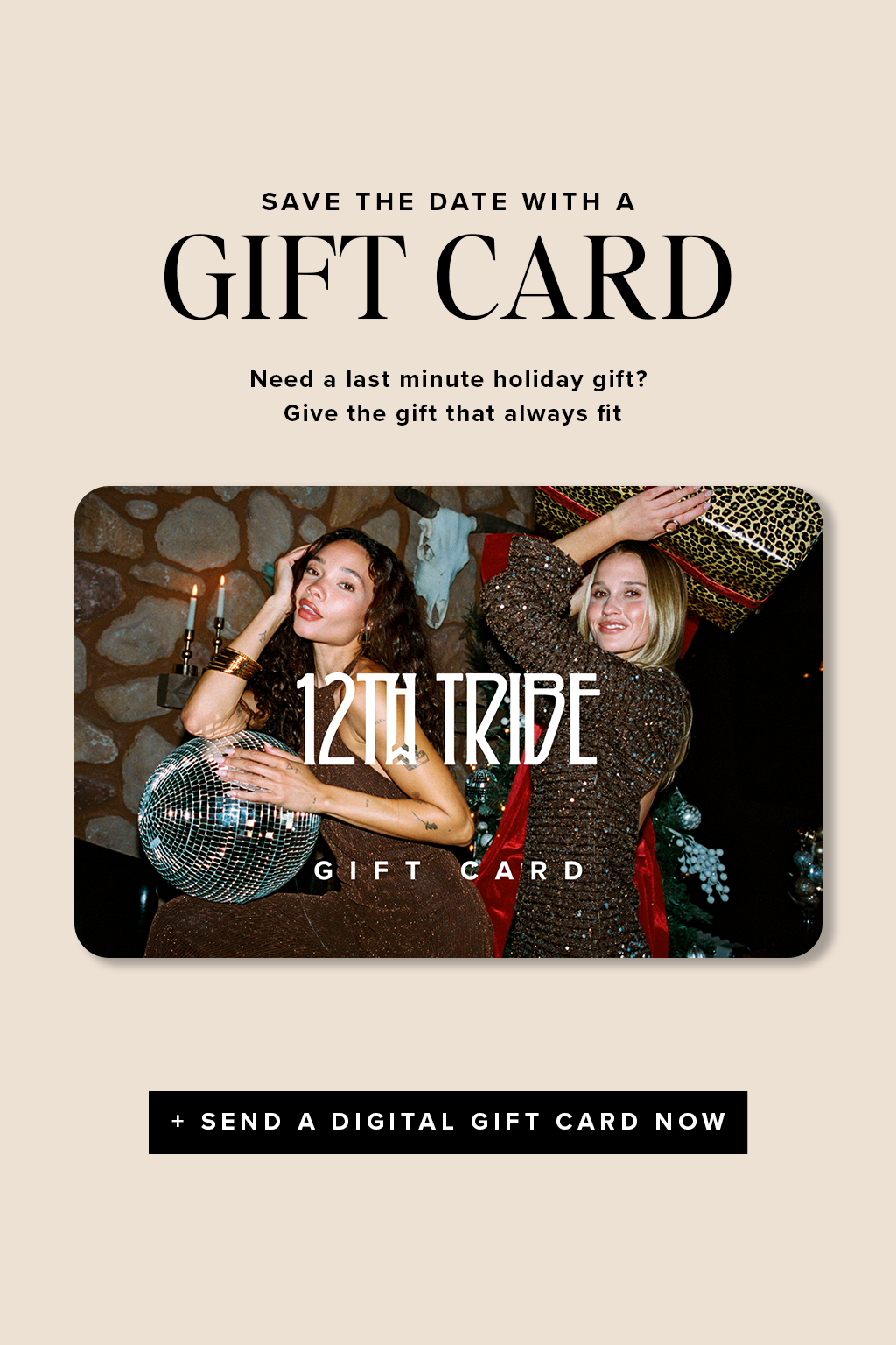 Promotional image for a gift card with two people and text on a beige background
