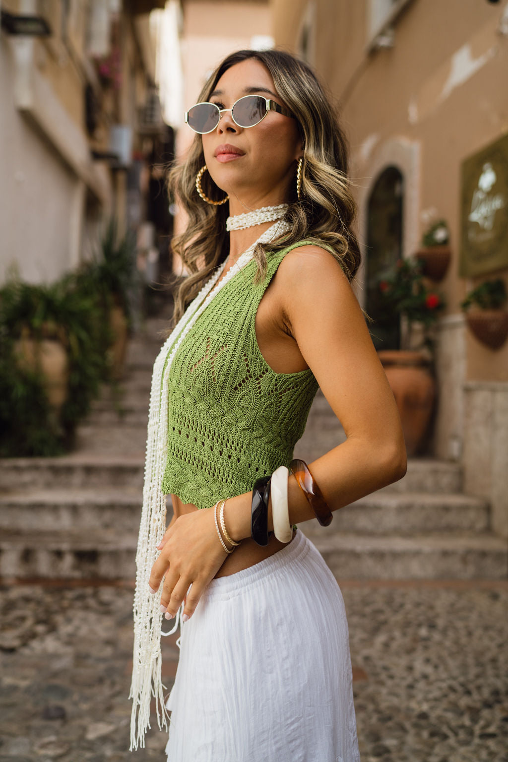 Gisela Moss Knit Tank Top paired with complementary accessories for a polished look.
