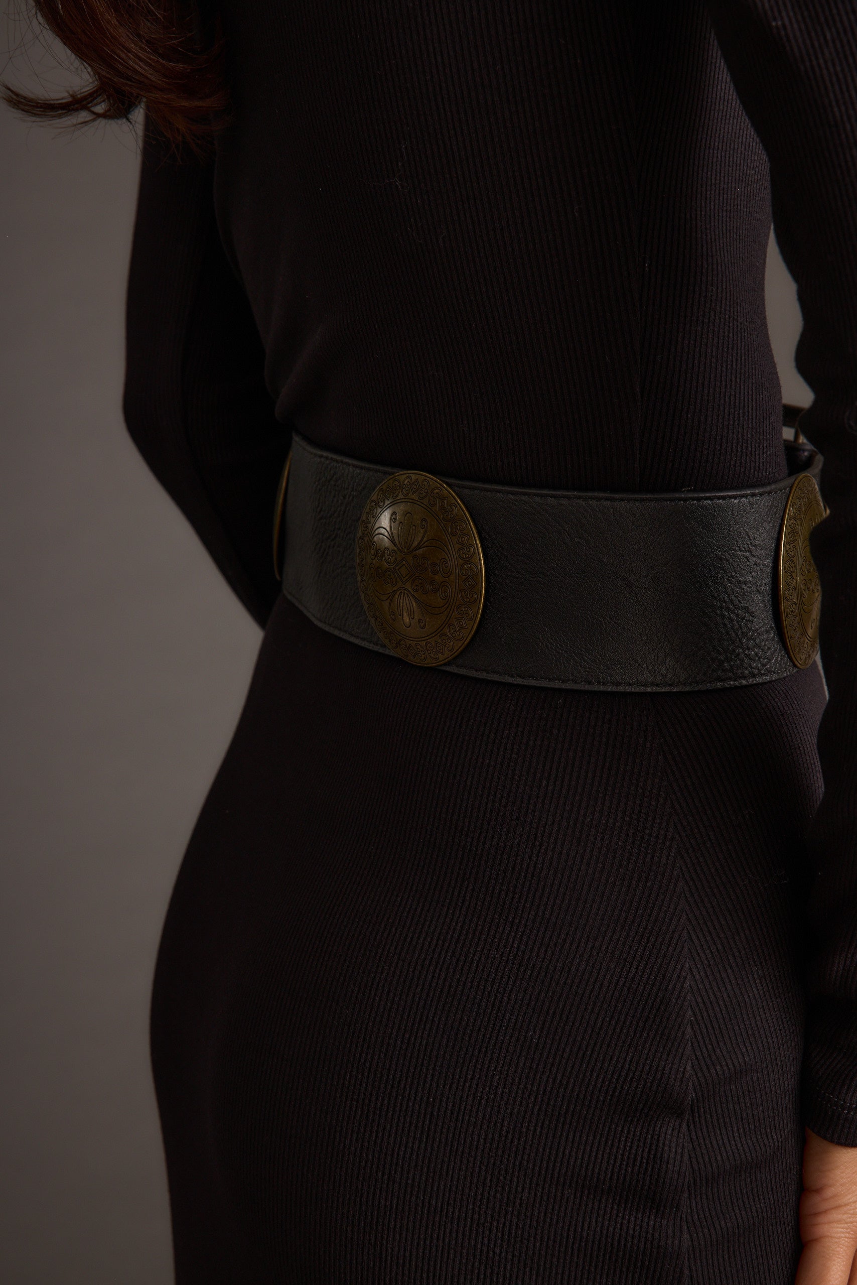 Greenwich Black Medallion Statement Belt styled in a complete look from an alternate angle.