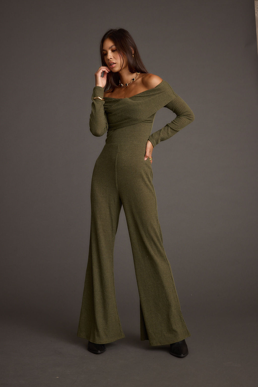 Greenwich Olive Knit Off The Shoulder Jumpsuit