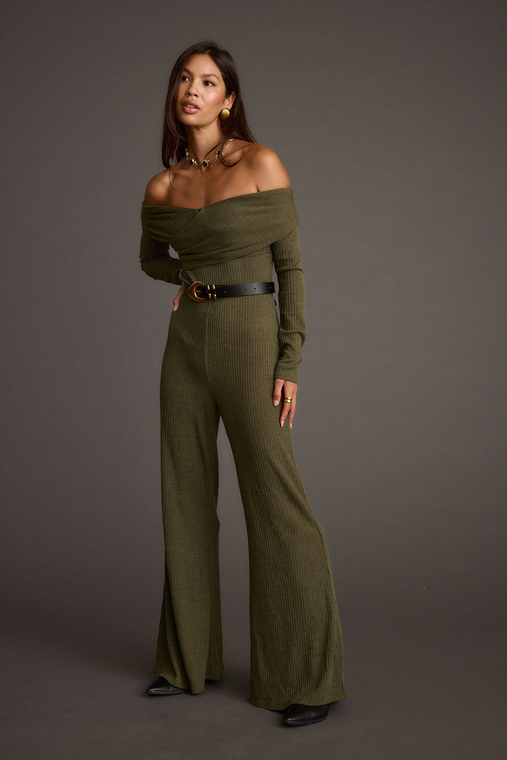 Greenwich Olive Knit Off The Shoulder Jumpsuit