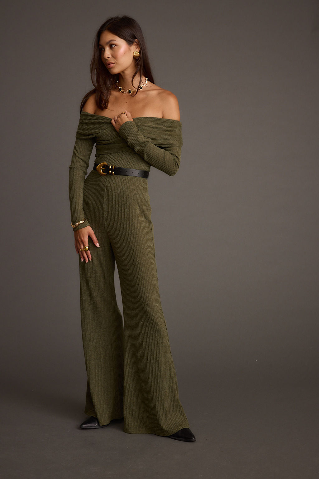 Greenwich Olive Knit Off The Shoulder Jumpsuit