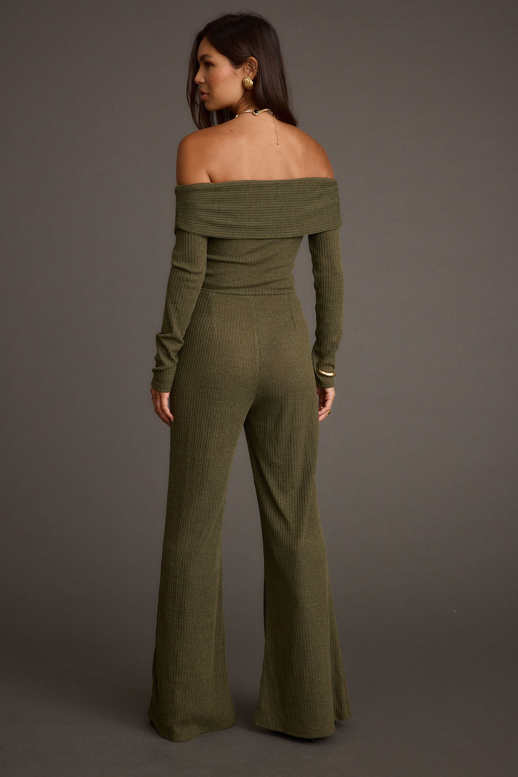 Greenwich Olive Knit Off The Shoulder Jumpsuit