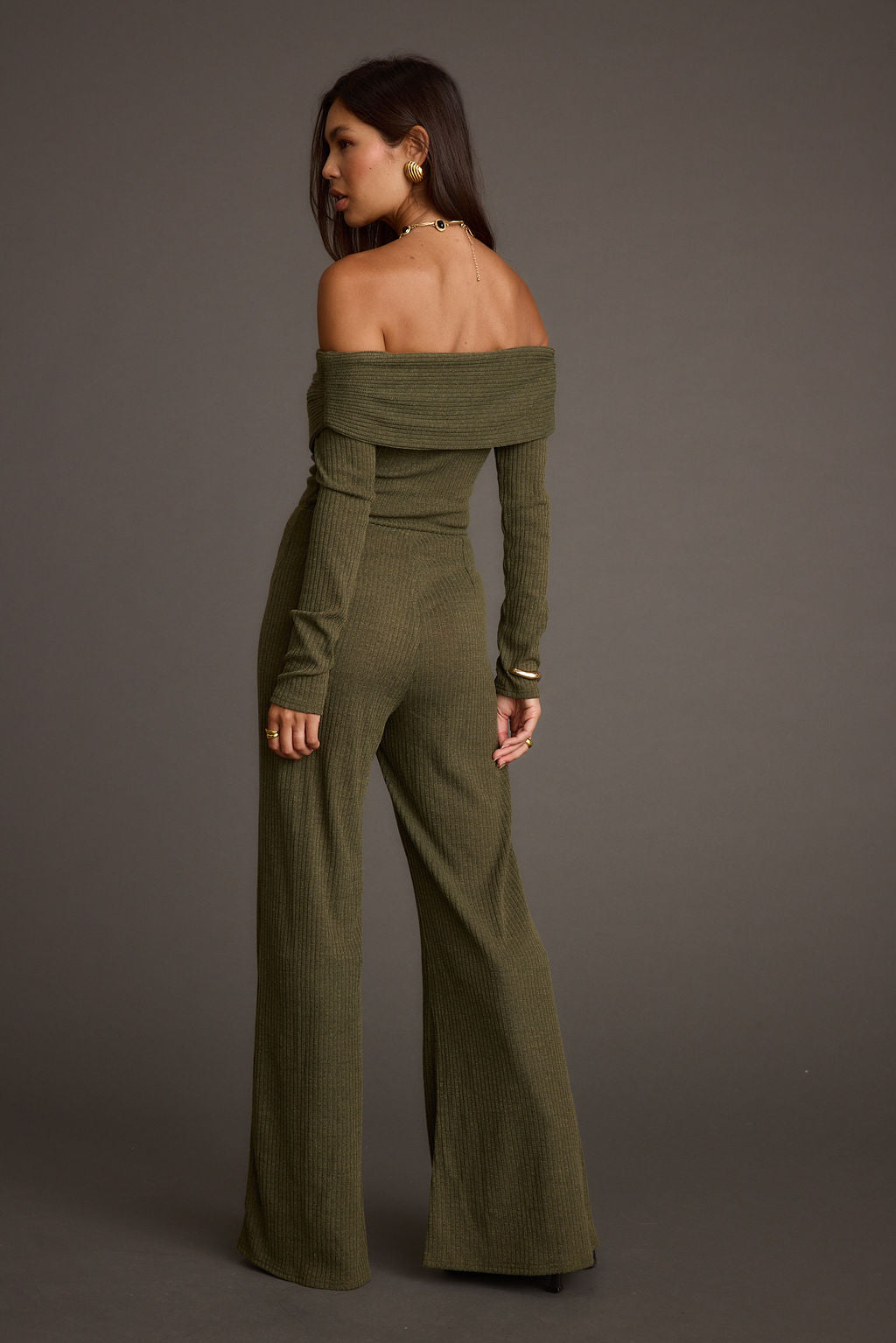 Greenwich Olive Knit Off The Shoulder Jumpsuit