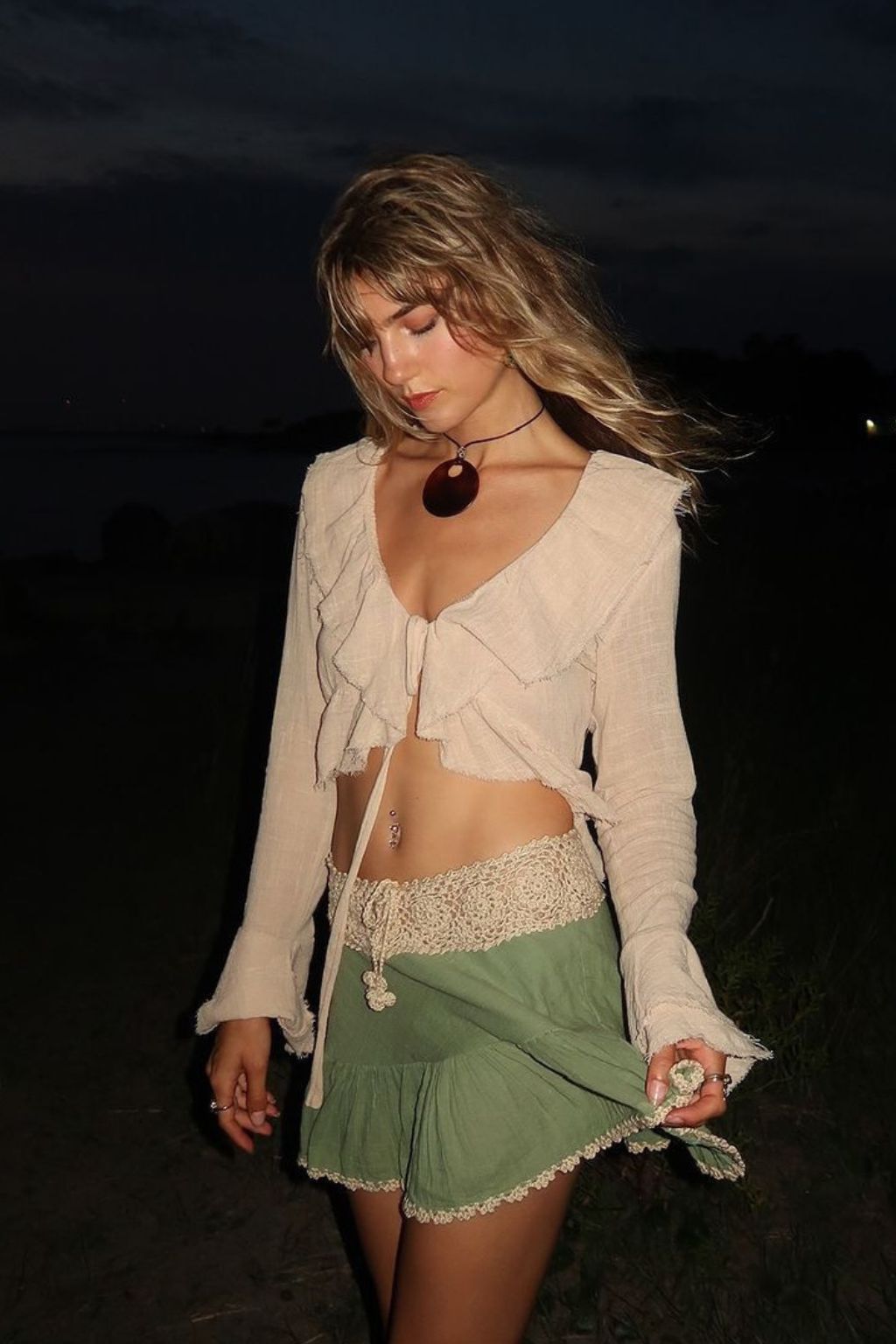beige ruffle top