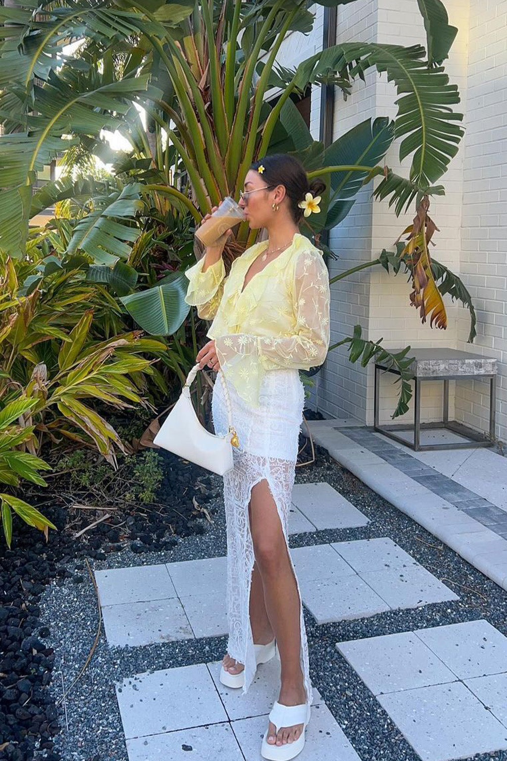 Guilliana Yellow Ruffle Blouse styled in a complete look from an alternate angle.