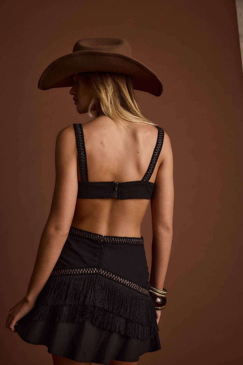 Haven Black Fringe Cutout Mini Dress