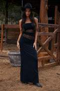 Black lace strapless maxi dress with refined accents, a vacation maxi dress essential.