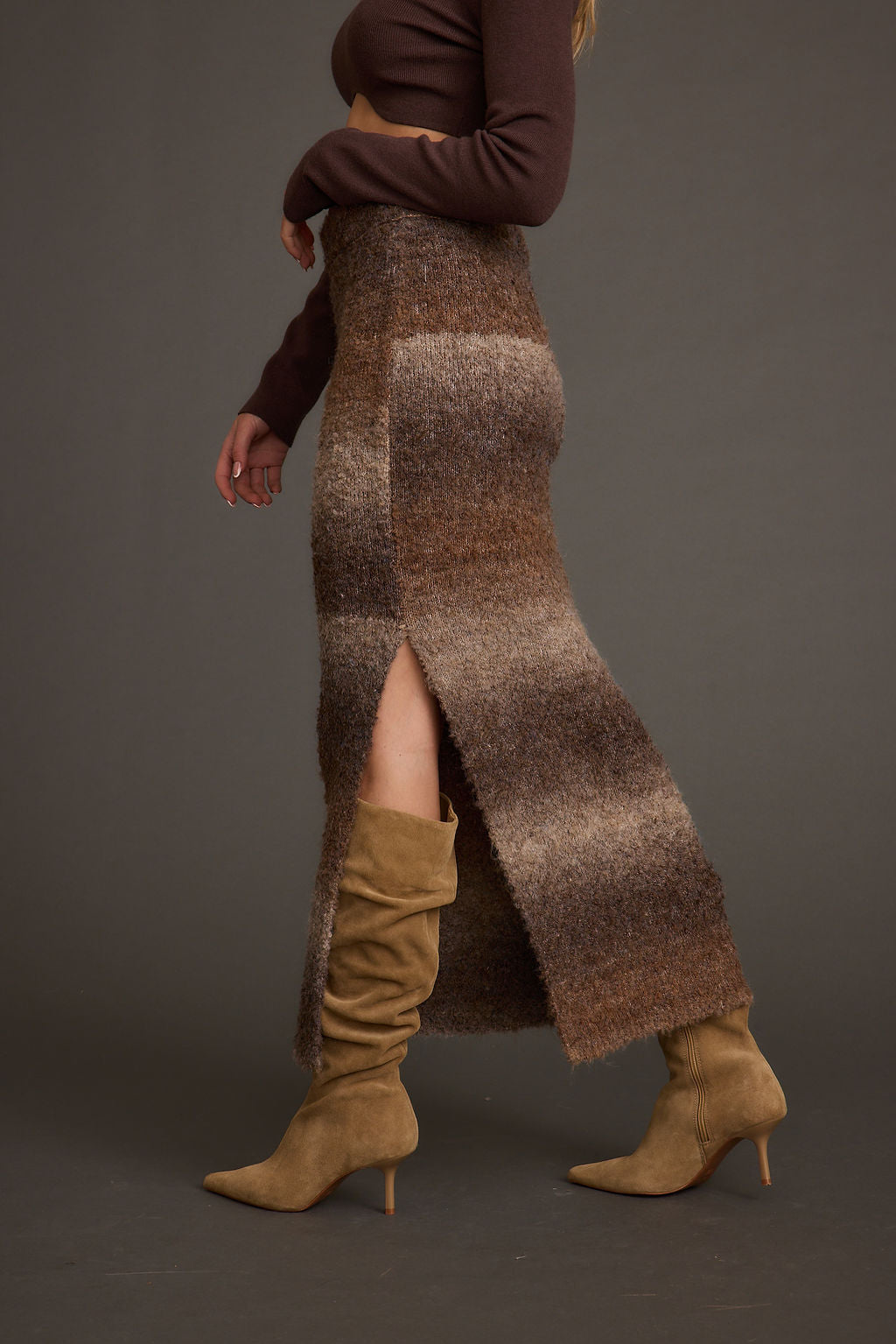 Helena Ombre Sweater Midi Skirt paired with complementary accessories for a polished look.