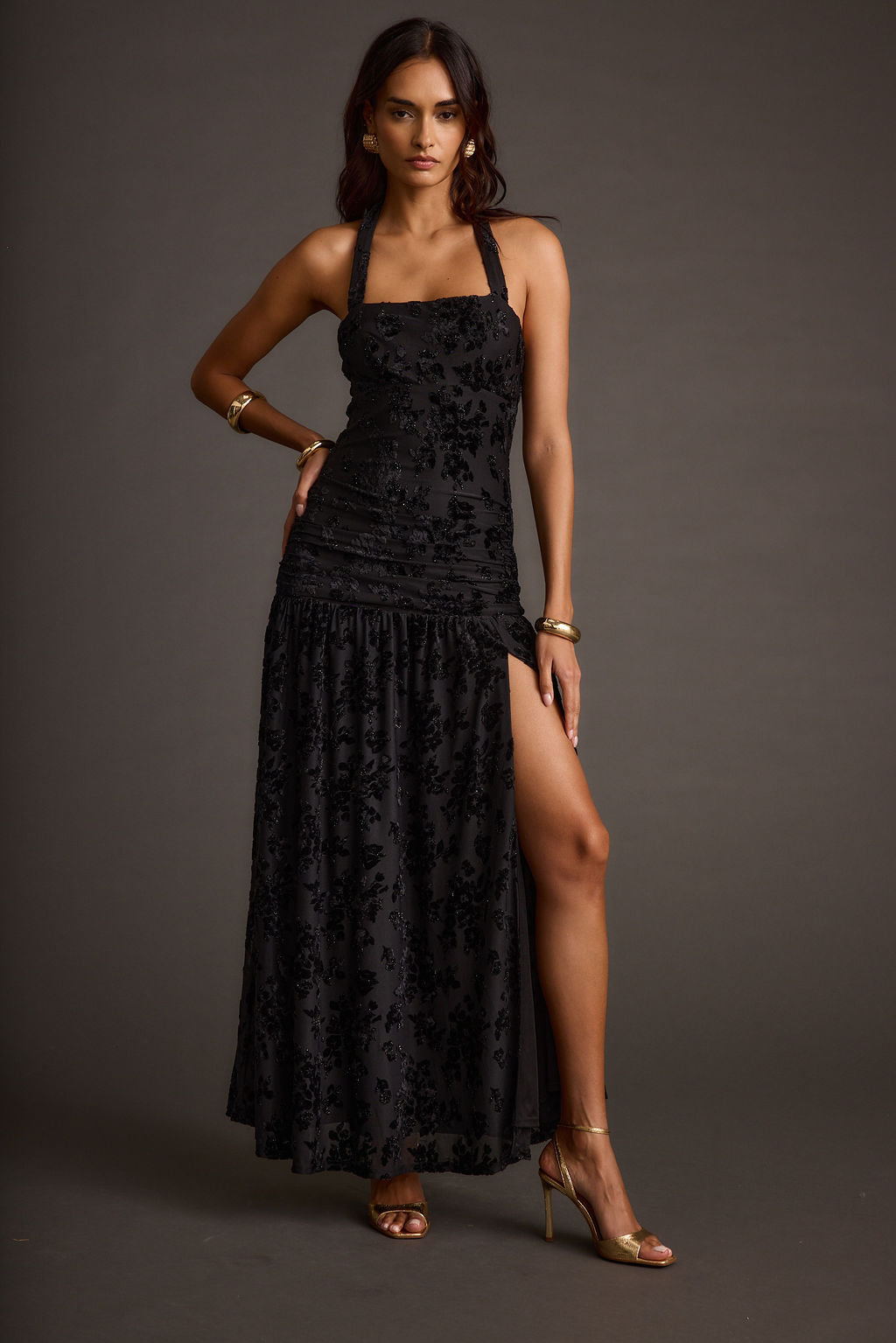 Hollow Black Burnout Halter Maxi Dress