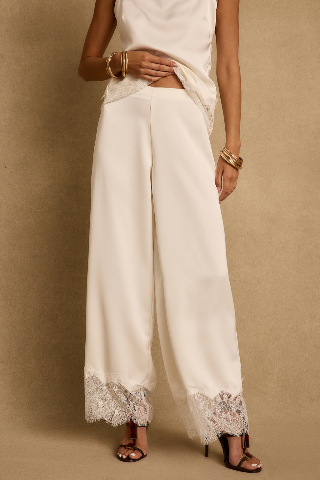 Halo Cream Satin Pants - L Size - Women's Pants