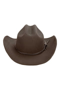 Brown cowboy hat with elegant accents, a cowboy hat essential.