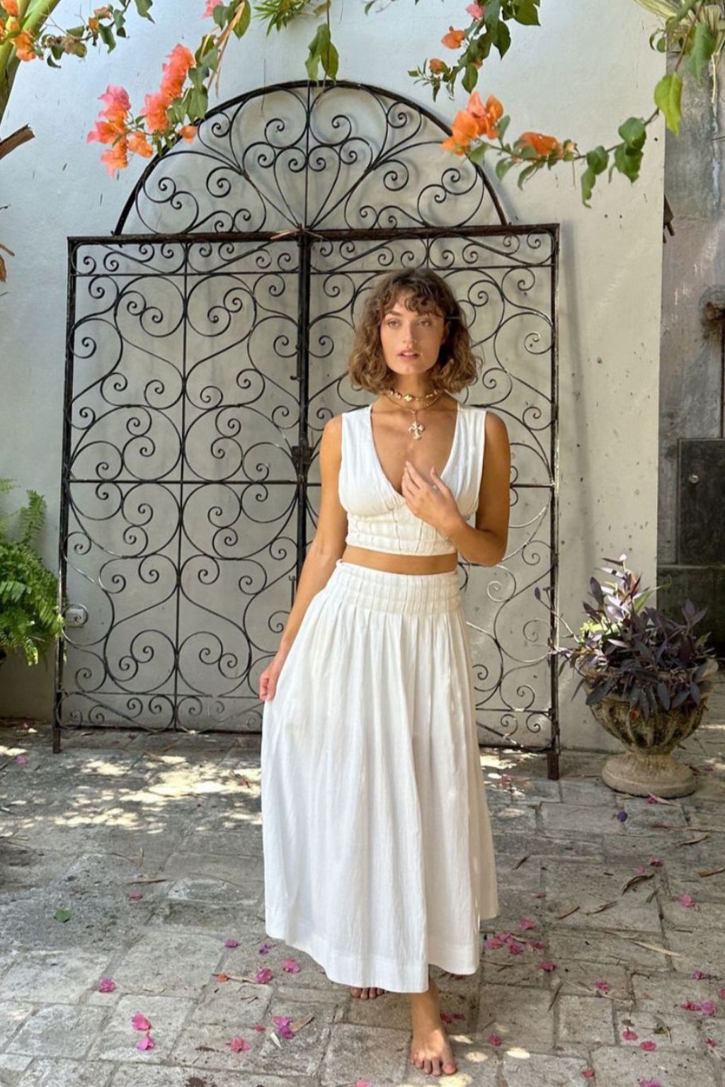 Horizon White Maxi Skirt styled in a complete look from an alternate angle.