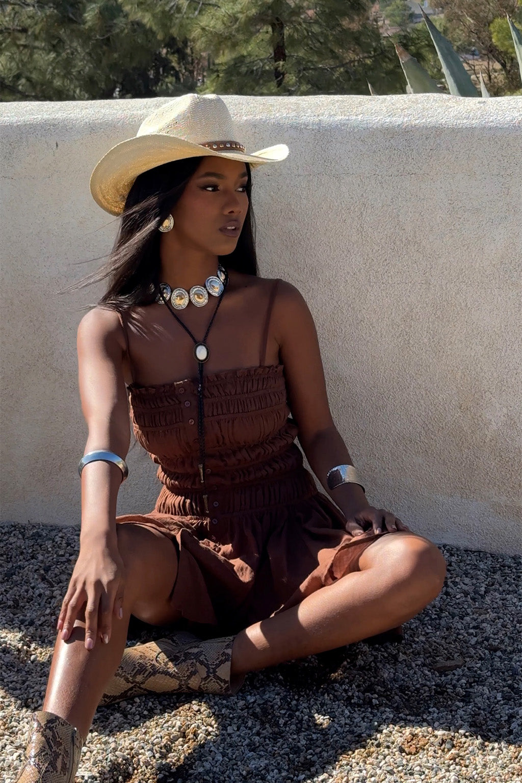 Additional view of the Indie Mocha Smocked Mini Dress from a different perspective.