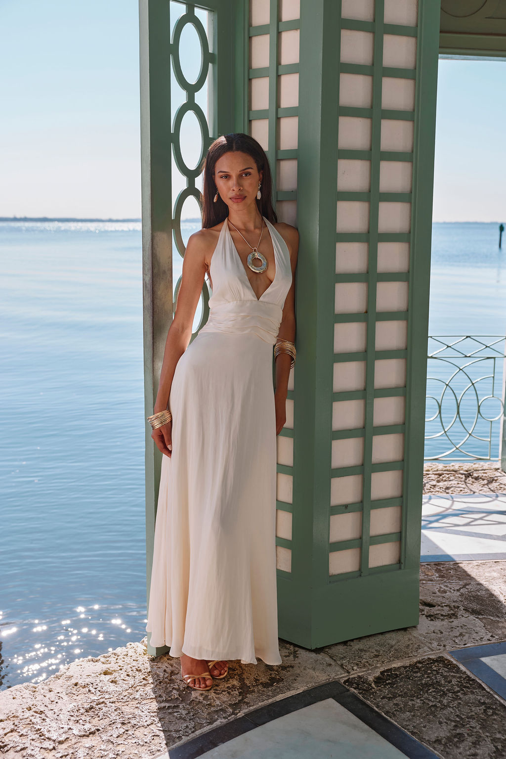 Inez Cream Satin Maxi Dress - L Size - Women's Dresses