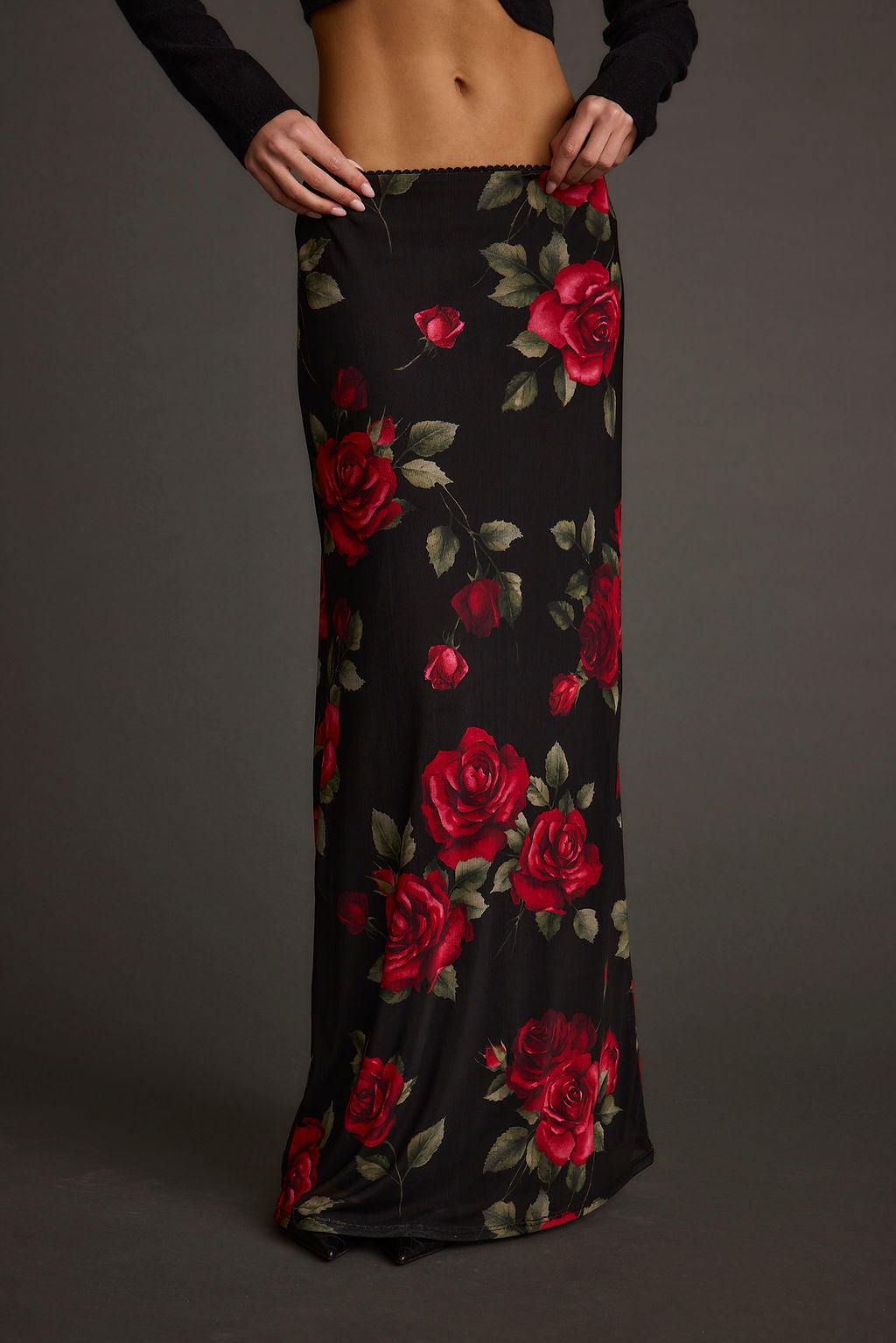 Julia Red Rose Mesh Maxi Skirt styled in a complete look from an alternate angle.