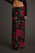 Red mesh maxi skirt with refined accents, a lace maxi skirt essential.