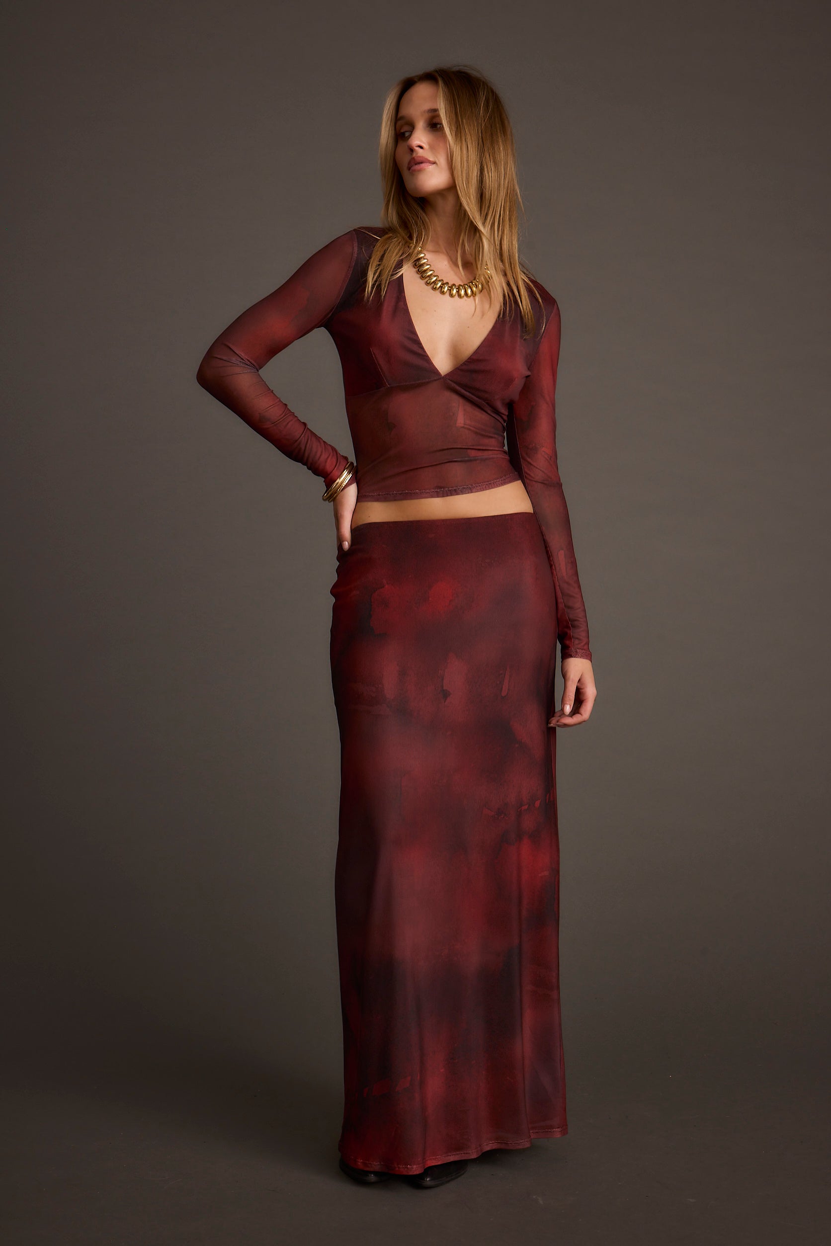 Julia Mulberry Blur Mesh Maxi Skirt
