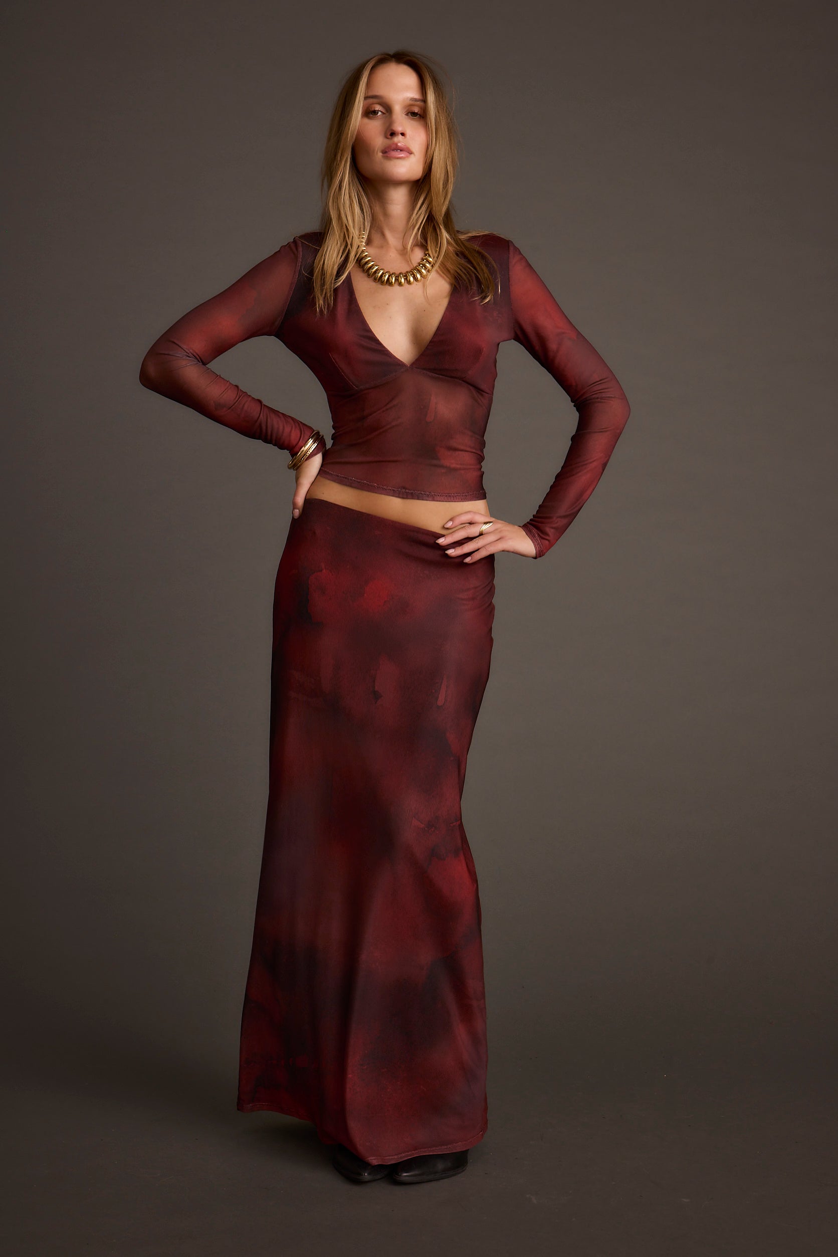 Julia Mulberry Blur Mesh Maxi Skirt