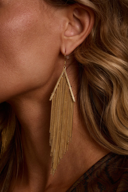 Statement earrings in gold chainmail with fringe drop, both earrings visible with paisley blouse