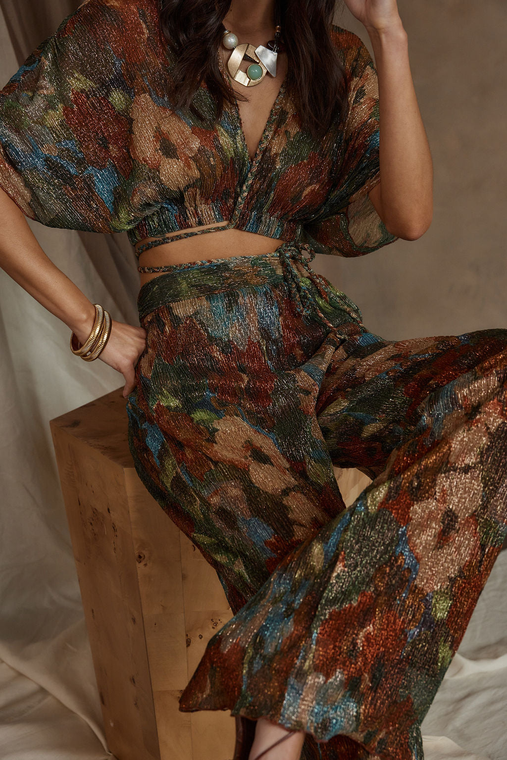 Kaia Multicolor Metallic Floral Crop Top