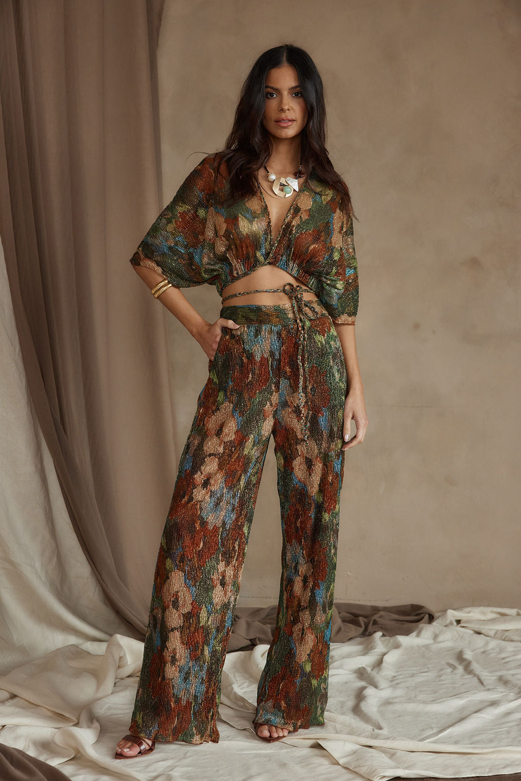 Kaia Multicolor Metallic Floral Crop Top