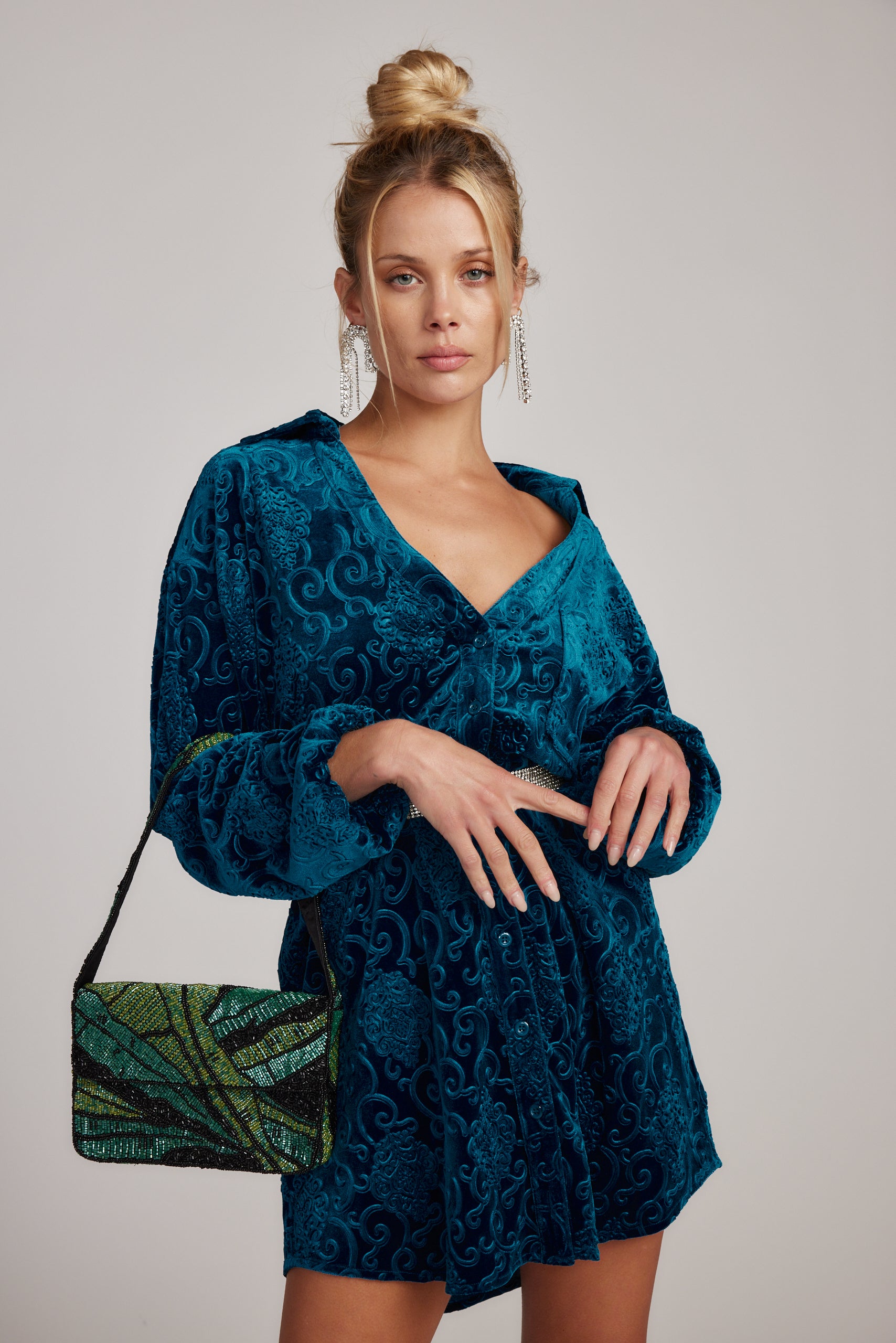 12th tribe blue dress Kali Blue Long Sleeve Velvet Dress