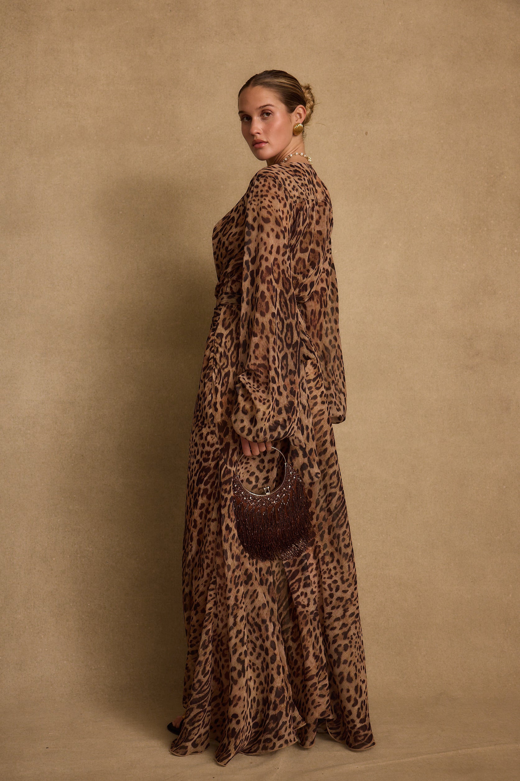 Karmen Leopard Plunge Long Sleeve Maxi Dress