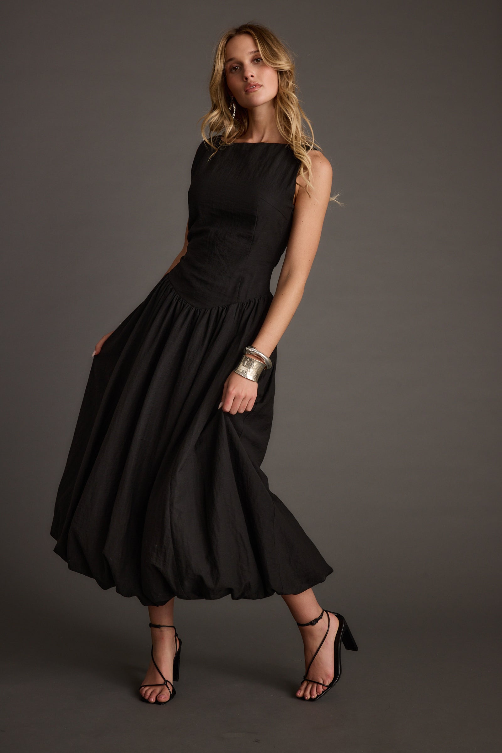 Kate Black Drop Waist Bubble Hem Midi Dress – 12th Tribe