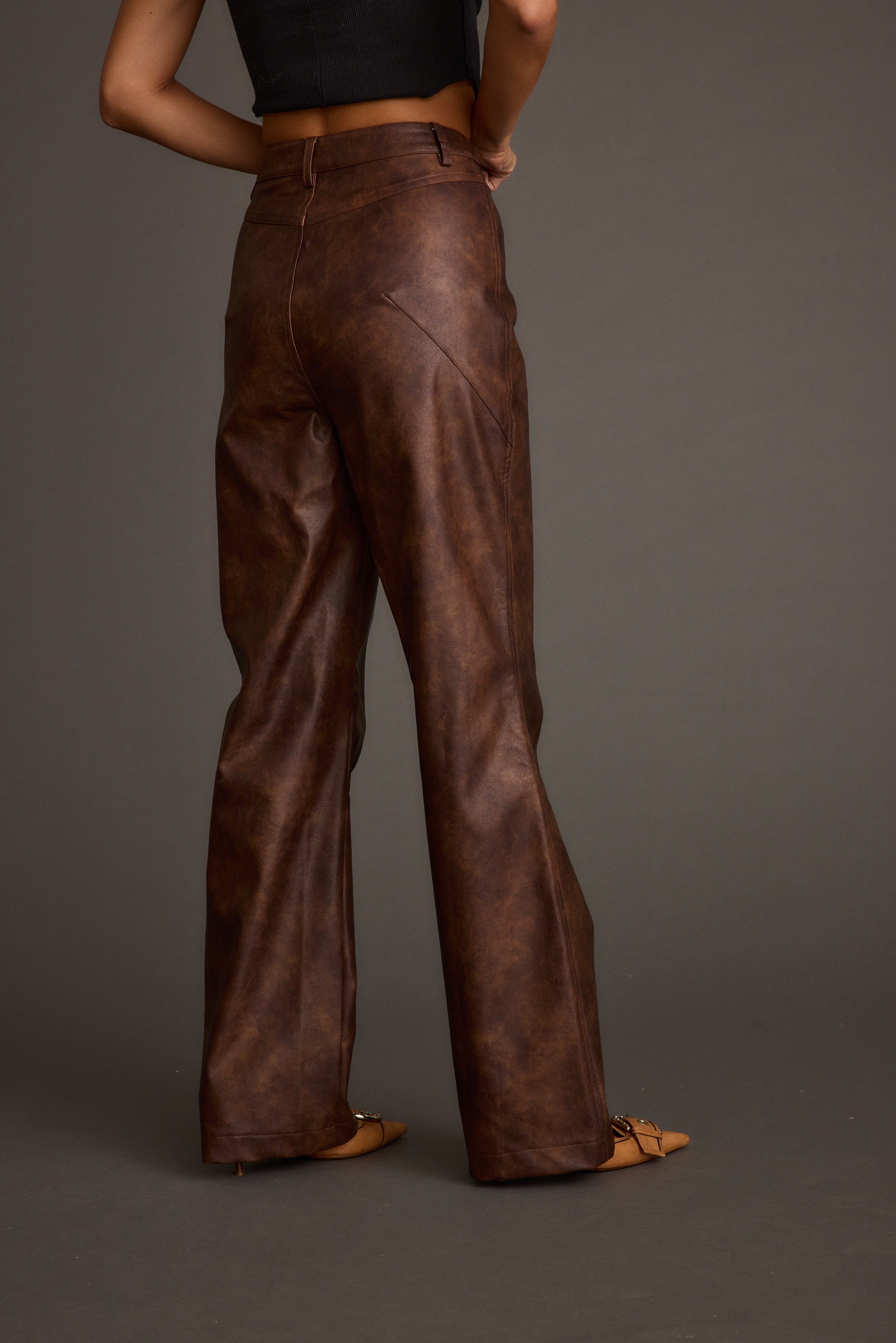 Kingsley Washed Brown Vegan Leather Straight Leg Pants